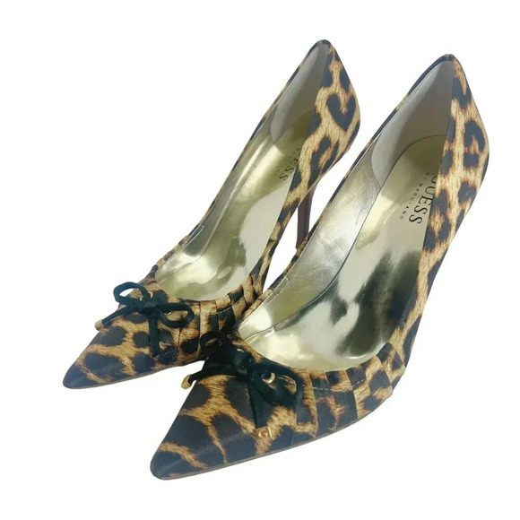 Guess Leopard Print Satin Pumps Black Bows Pointed Toe Heels Women's Size 7 - Picture 2 of 10